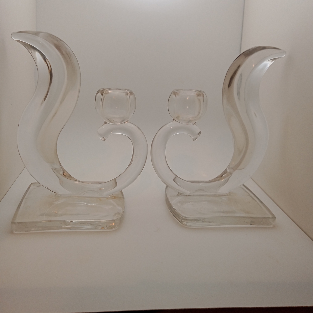 Vintage Pair of Clear Glass Squirrel Tail Candle Stick Holders!